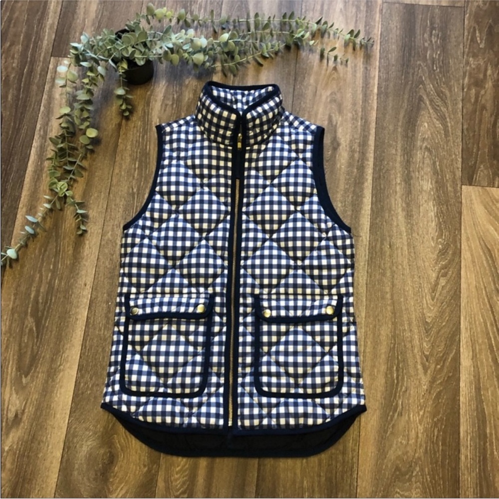 J. Crew White Navy Plaid Quilted Puffer Vest xxs